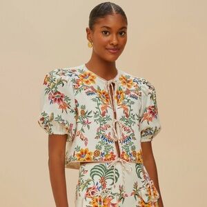 FARM Rio Off-White Delicate Forest Scarves Euroflax™ Premium Linen Blouse